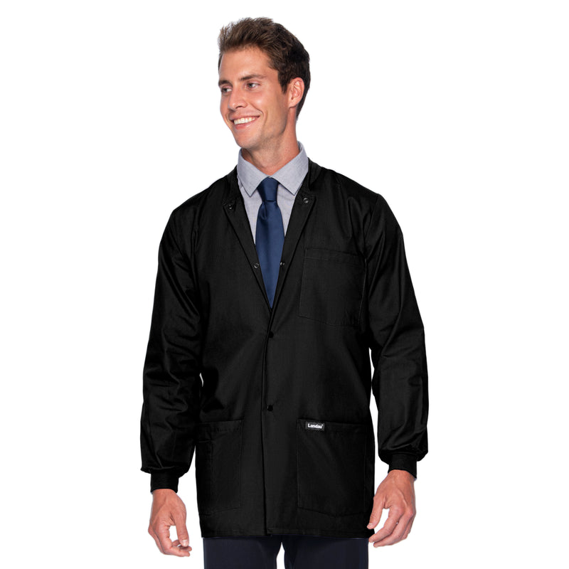 Landau Essentials Men's Warm-Up Scrub Jacket 7551 -Black-frontview