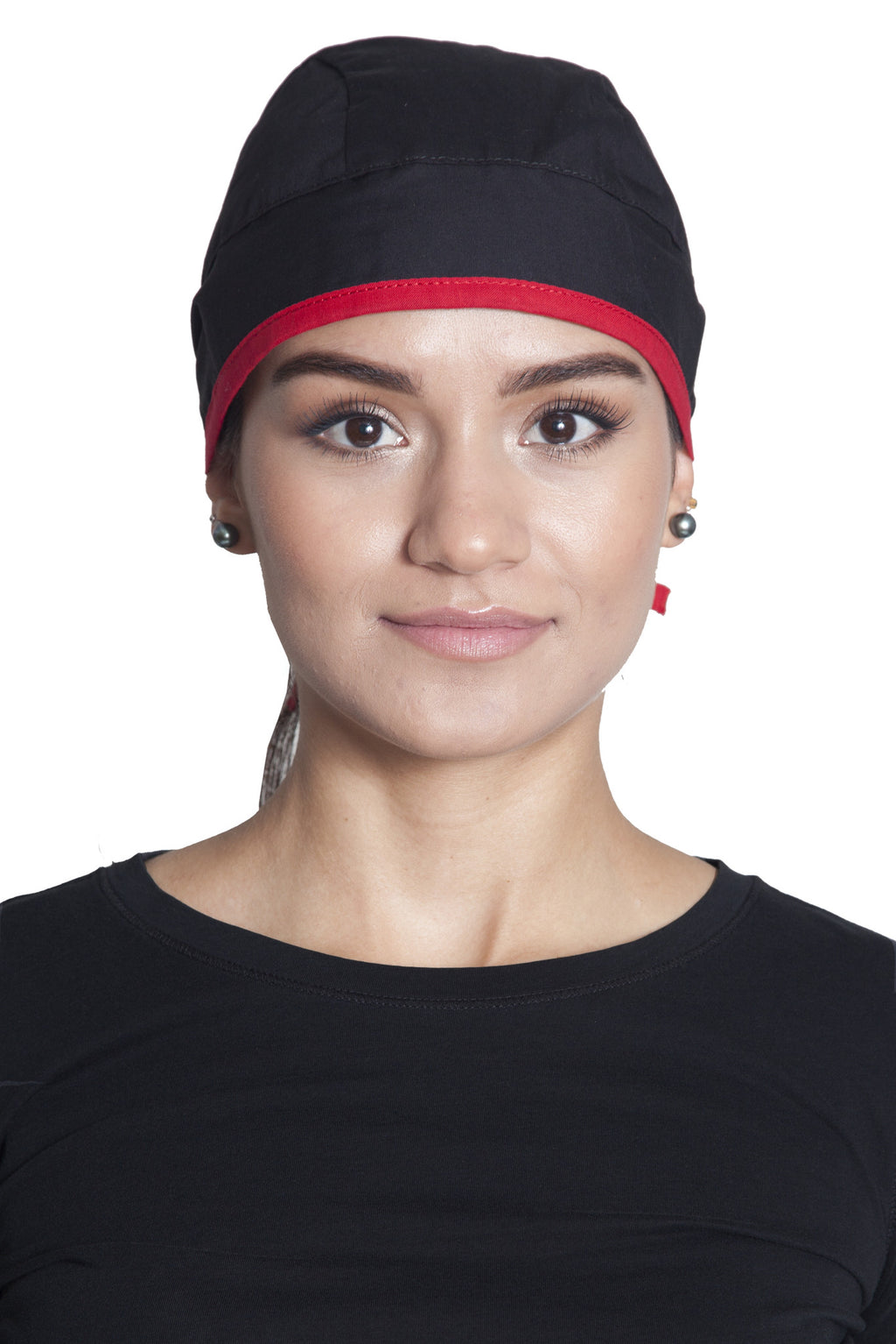 Fiumara Apparel Fitted Surgical Cap with Ties Front Black with Red Ties