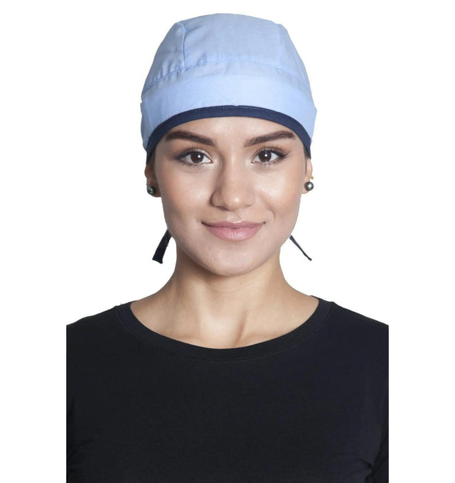 Fiumara Apparel Fitted Surgical Cap Sky Blue with Navy Ties Front