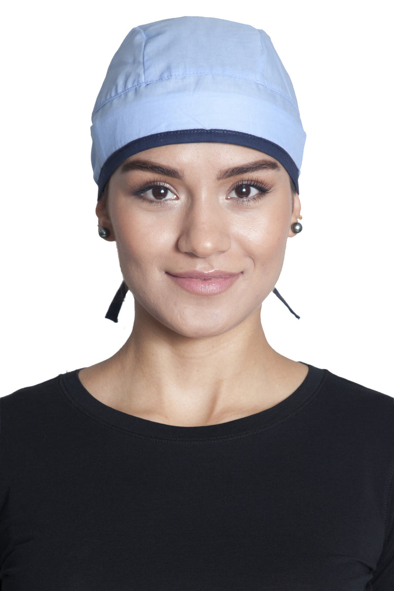 Fiumara Apparel Fitted Surgical Cap Sky Blue with Navy Ties Front