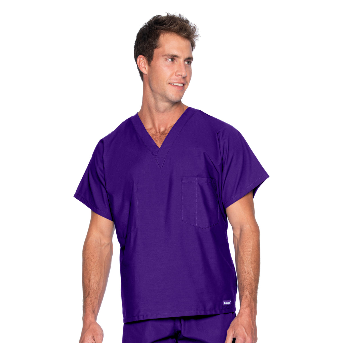 Landau Essentials Unisex 1-Pocket V-Neck Scrub Top 7502 -Grape-Frontview