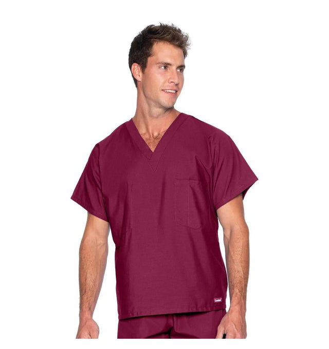 Landau Essentials Unisex 1-Pocket V-Neck Scrub Top 7502 -Wine-Frontview