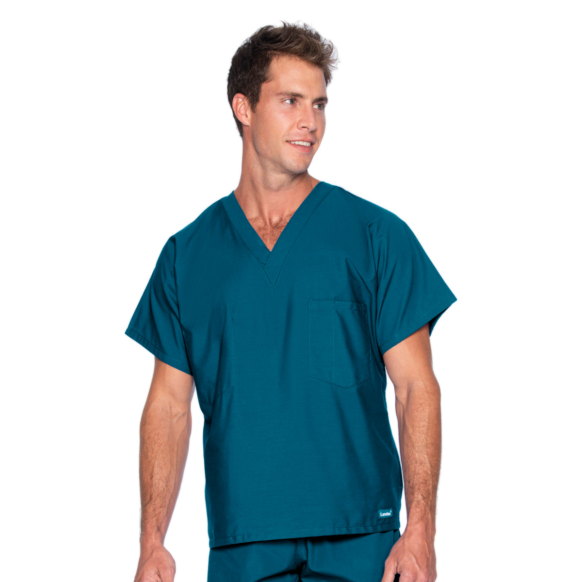 Landau Essentials Unisex 1-Pocket V-Neck Scrub Top 7502 -Caribbean Blue-Frontview