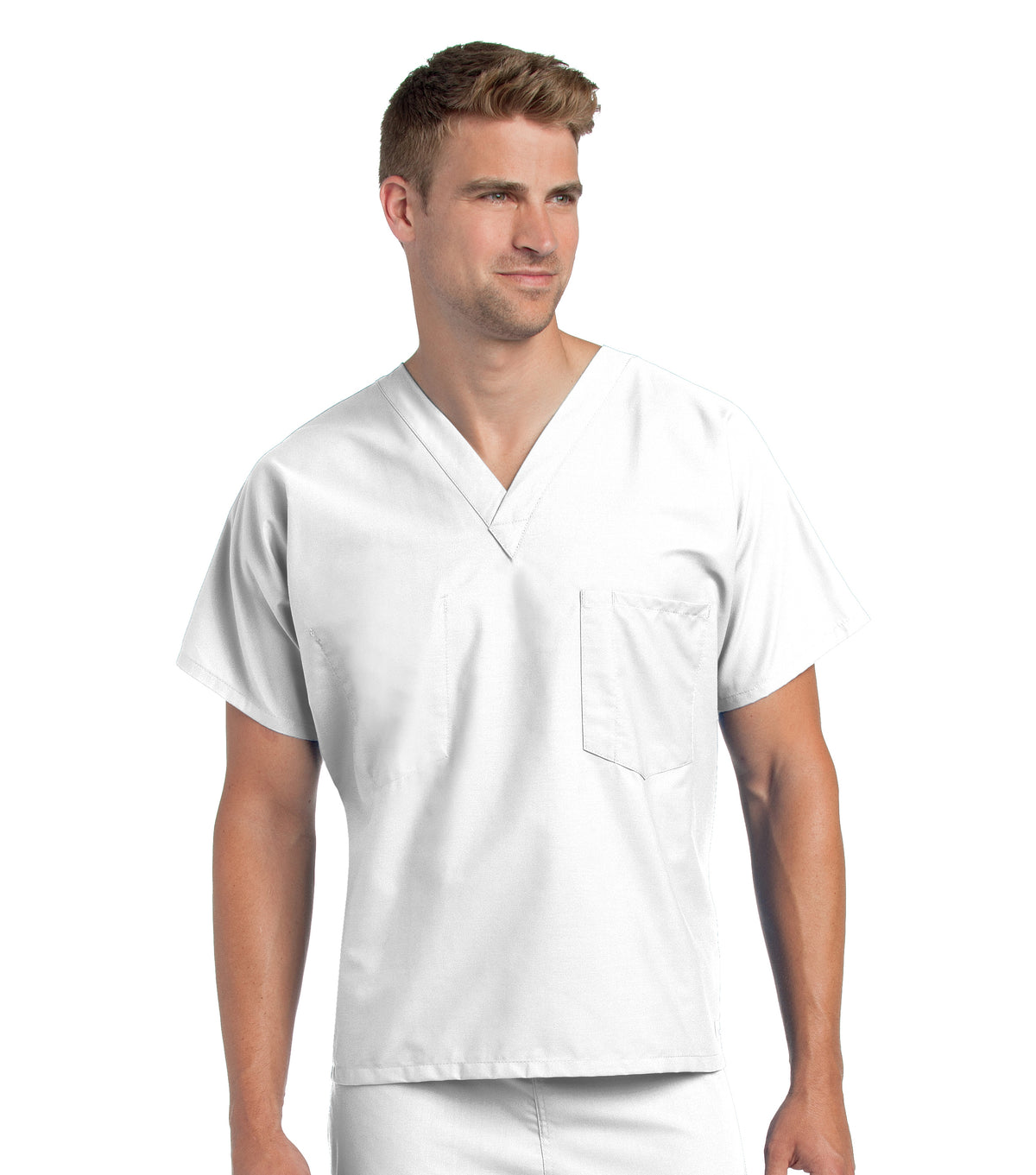 Landau Essentials Unisex 1-Pocket V-Neck Scrub Top 7502 -White-Frontview