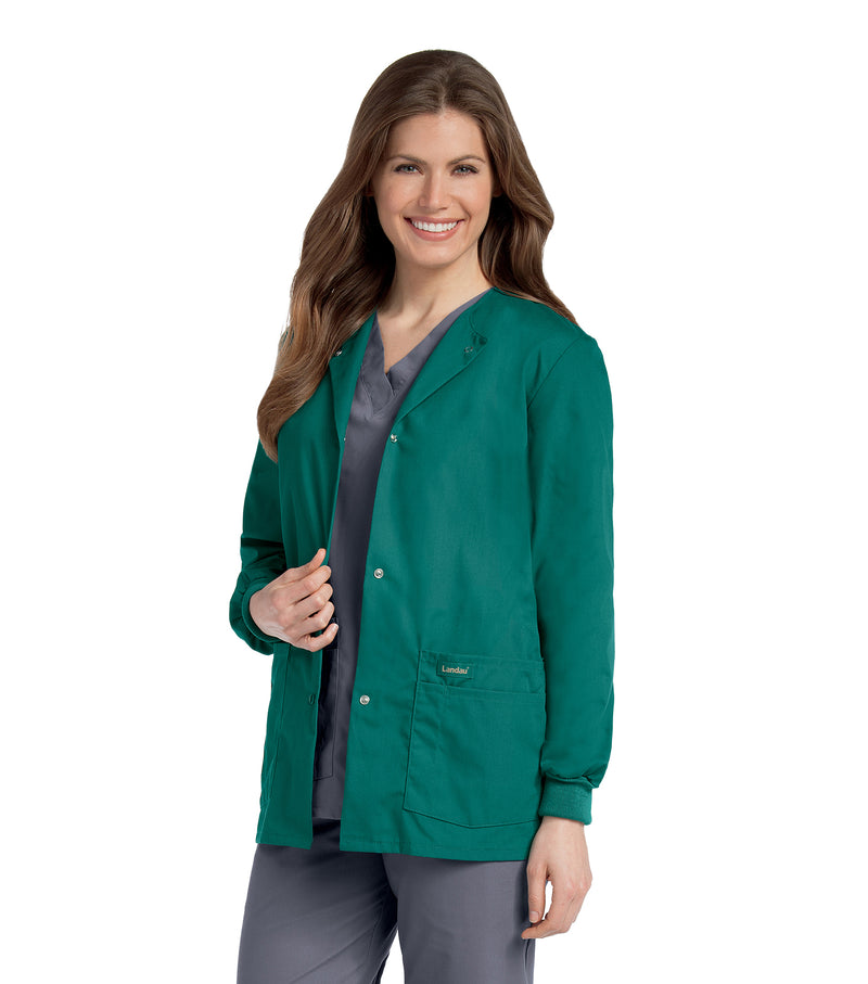Landau Essentials Women's Warm-Up Scrub Jacket 7525 -Hunter Green-Frontview