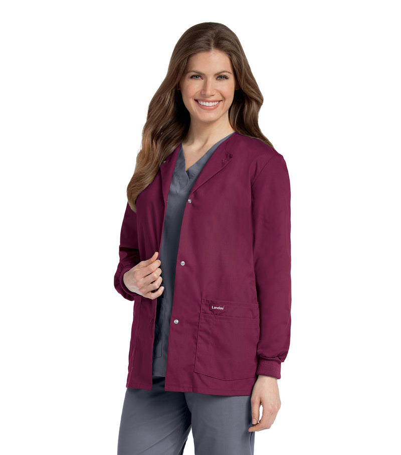 Landau Essentials Women's Warm-Up Scrub Jacket 7525 -Wine-Frontview
