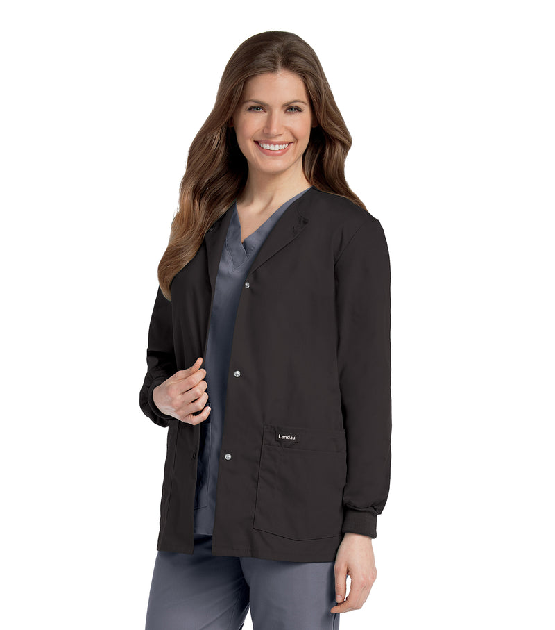 Landau Essentials Women's Warm-Up Scrub Jacket 7525 -Black-Frontview