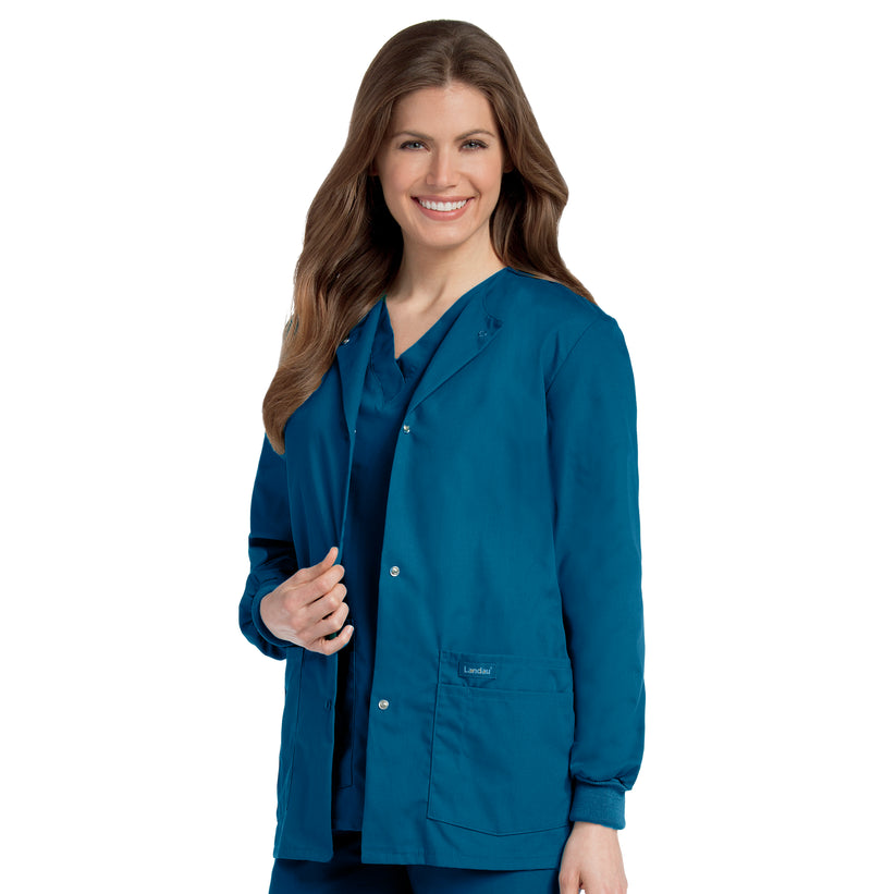 Landau Essentials Women's Warm-Up Scrub Jacket 7525 -Caribbean Blue-Frontview